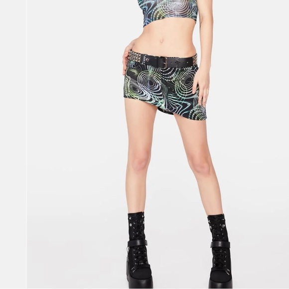 Horoscope X Dolls Kill Green Black Pulse Effect Denim Mini Skirt & Corset NWT M - Picture 4 of 16